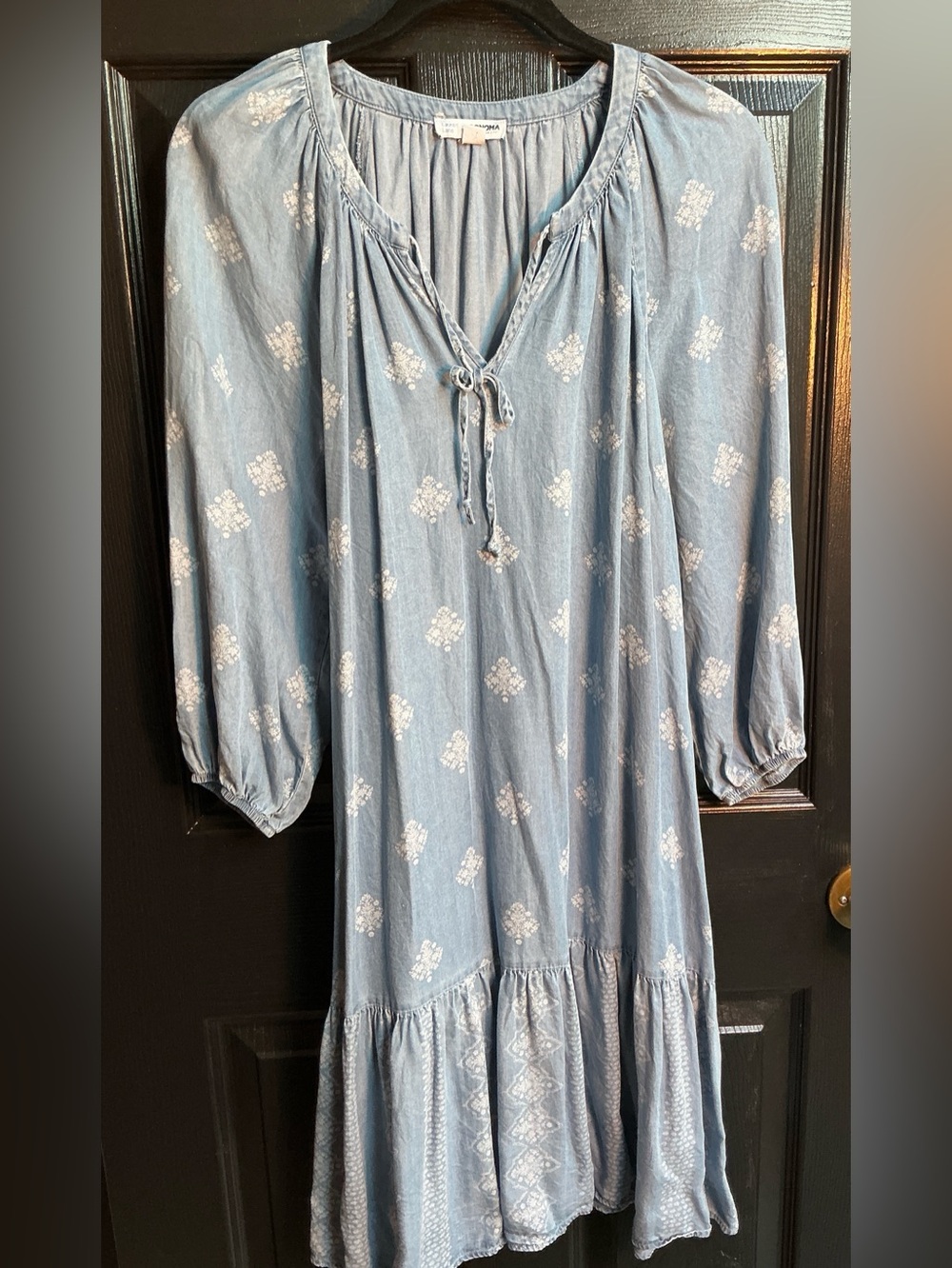 Light Blue Boho Peasant Distressed Dress with White Print